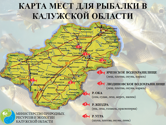 Карта мест для любительской рыбалки в Калужской области